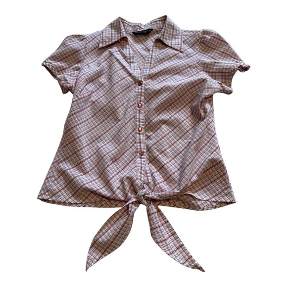 Dorothy Perkins Short Sleeve Tie Front Snap Button Plaid Blouse - Size Medium - Picture 3 of 14